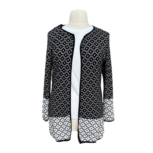 Easywear By Chico's Open Front Cardigan with Geometric Pattern in Black & White - Picture 1 of 11